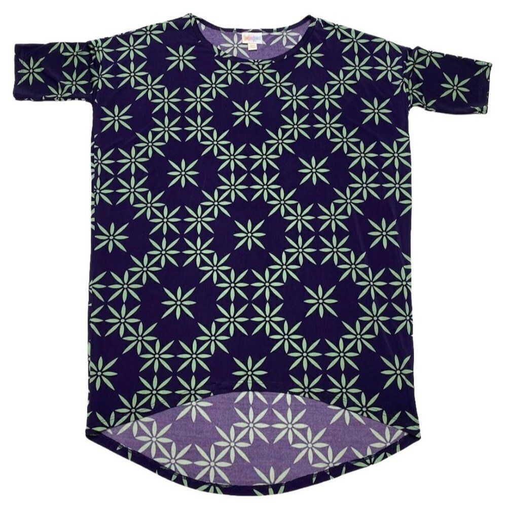LuLaRoe Irma Purple Green Floral Slinky High‎ Low Tunic Top Sz XXS
